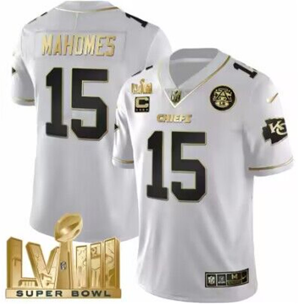 Men's Kansas City Chiefs #15 Patrick Mahomes White With Gold Super Bowl LVIII Patch And 4-Star C Patch Vapor Untouchable Limited Stitched Football Jersey